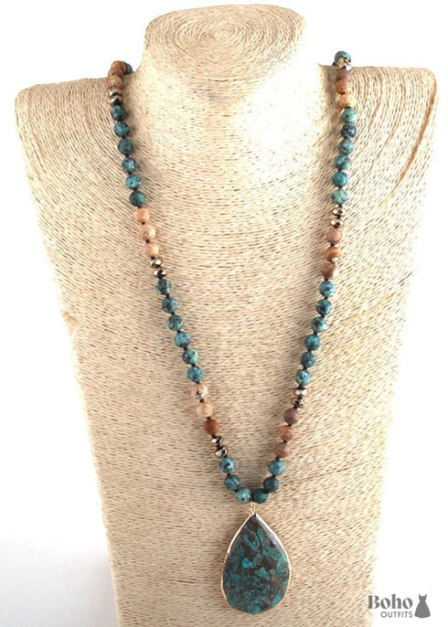 Boho Necklace, RH India Agated Green Oval Natural Stone
